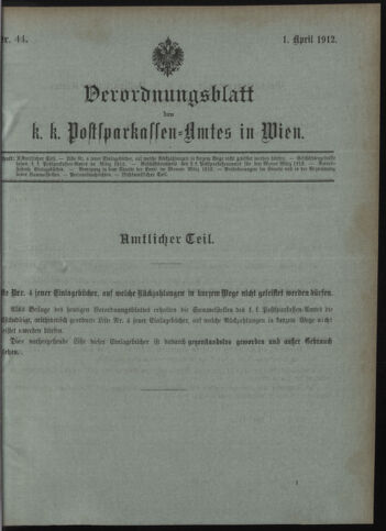 Verordnungsblatt des Postsparkassen-Amtes in Wien 19120401 Seite: 1