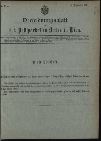 Verordnungsblatt des Postsparkassen-Amtes in Wien 19121202 Seite: 1