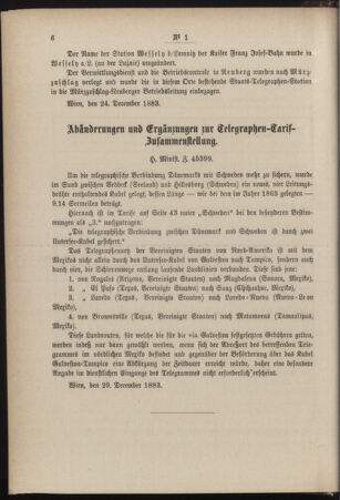 Post- und Telegraphen-Verordnungsblatt für das Verwaltungsgebiet des K.-K. Handelsministeriums 18840110 Seite: 6