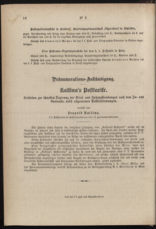 Post- und Telegraphen-Verordnungsblatt für das Verwaltungsgebiet des K.-K. Handelsministeriums 18840114 Seite: 4