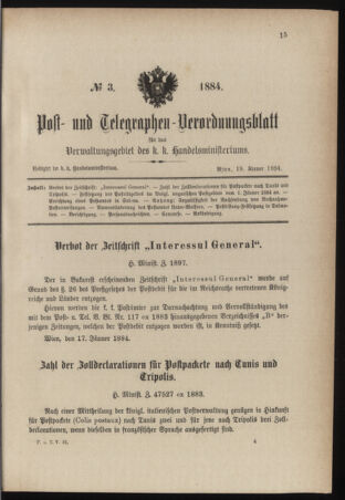 Post- und Telegraphen-Verordnungsblatt für das Verwaltungsgebiet des K.-K. Handelsministeriums 18840119 Seite: 1