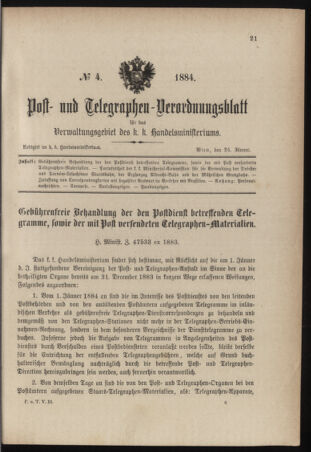 Post- und Telegraphen-Verordnungsblatt für das Verwaltungsgebiet des K.-K. Handelsministeriums 18840124 Seite: 1