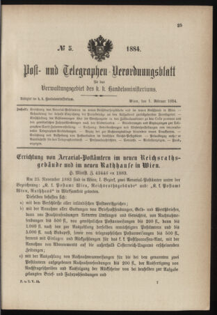 Post- und Telegraphen-Verordnungsblatt für das Verwaltungsgebiet des K.-K. Handelsministeriums 18840201 Seite: 1