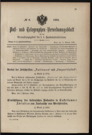 Post- und Telegraphen-Verordnungsblatt für das Verwaltungsgebiet des K.-K. Handelsministeriums 18840210 Seite: 1