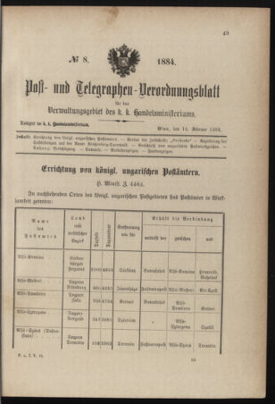 Post- und Telegraphen-Verordnungsblatt für das Verwaltungsgebiet des K.-K. Handelsministeriums 18840214 Seite: 1