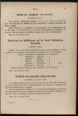 Post- und Telegraphen-Verordnungsblatt für das Verwaltungsgebiet des K.-K. Handelsministeriums 18840214 Seite: 9