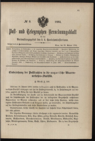 Post- und Telegraphen-Verordnungsblatt für das Verwaltungsgebiet des K.-K. Handelsministeriums 18840222 Seite: 1