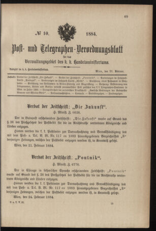 Post- und Telegraphen-Verordnungsblatt für das Verwaltungsgebiet des K.-K. Handelsministeriums 18840226 Seite: 1