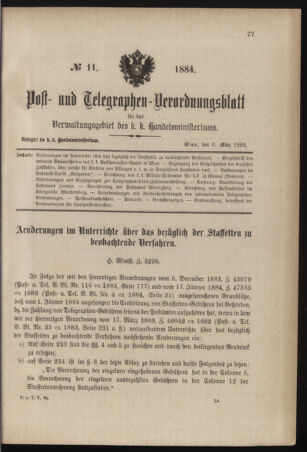 Post- und Telegraphen-Verordnungsblatt für das Verwaltungsgebiet des K.-K. Handelsministeriums 18840306 Seite: 1