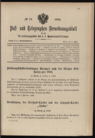 Post- und Telegraphen-Verordnungsblatt für das Verwaltungsgebiet des K.-K. Handelsministeriums 18840308 Seite: 1