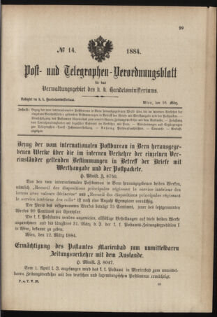 Post- und Telegraphen-Verordnungsblatt für das Verwaltungsgebiet des K.-K. Handelsministeriums 18840316 Seite: 1