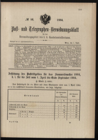 Post- und Telegraphen-Verordnungsblatt für das Verwaltungsgebiet des K.-K. Handelsministeriums 18840401 Seite: 1