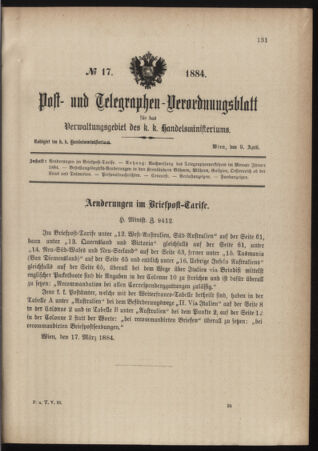 Post- und Telegraphen-Verordnungsblatt für das Verwaltungsgebiet des K.-K. Handelsministeriums 18840409 Seite: 1