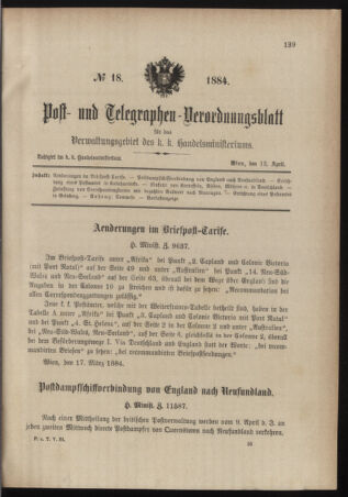 Post- und Telegraphen-Verordnungsblatt für das Verwaltungsgebiet des K.-K. Handelsministeriums 18840412 Seite: 1