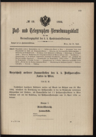 Post- und Telegraphen-Verordnungsblatt für das Verwaltungsgebiet des K.-K. Handelsministeriums 18840419 Seite: 1