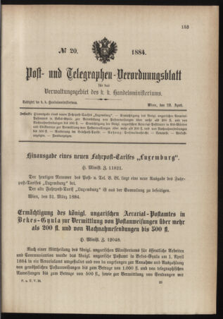 Post- und Telegraphen-Verordnungsblatt für das Verwaltungsgebiet des K.-K. Handelsministeriums 18840423 Seite: 1