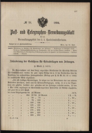 Post- und Telegraphen-Verordnungsblatt für das Verwaltungsgebiet des K.-K. Handelsministeriums 18840429 Seite: 1