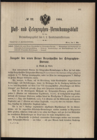 Post- und Telegraphen-Verordnungsblatt für das Verwaltungsgebiet des K.-K. Handelsministeriums 18840501 Seite: 1