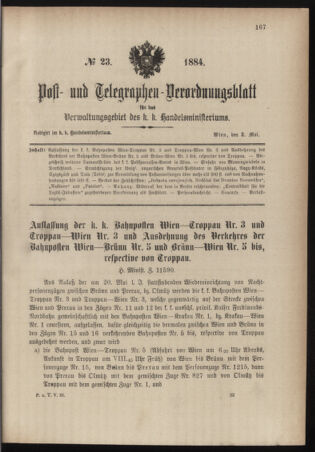 Post- und Telegraphen-Verordnungsblatt für das Verwaltungsgebiet des K.-K. Handelsministeriums 18840503 Seite: 1