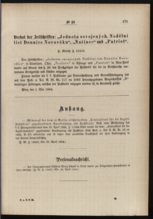 Post- und Telegraphen-Verordnungsblatt für das Verwaltungsgebiet des K.-K. Handelsministeriums 18840503 Seite: 5