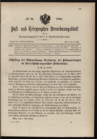 Post- und Telegraphen-Verordnungsblatt für das Verwaltungsgebiet des K.-K. Handelsministeriums 18840510 Seite: 1