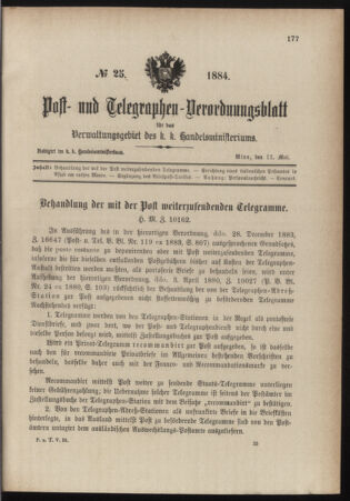 Post- und Telegraphen-Verordnungsblatt für das Verwaltungsgebiet des K.-K. Handelsministeriums 18840512 Seite: 1