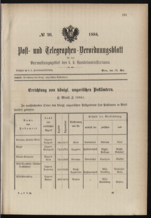 Post- und Telegraphen-Verordnungsblatt für das Verwaltungsgebiet des K.-K. Handelsministeriums 18840514 Seite: 1