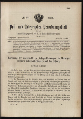 Post- und Telegraphen-Verordnungsblatt für das Verwaltungsgebiet des K.-K. Handelsministeriums 18840519 Seite: 1