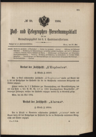 Post- und Telegraphen-Verordnungsblatt für das Verwaltungsgebiet des K.-K. Handelsministeriums 18840528 Seite: 1