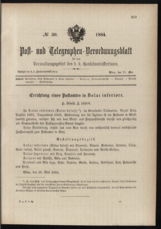 Post- und Telegraphen-Verordnungsblatt für das Verwaltungsgebiet des K.-K. Handelsministeriums 18840531 Seite: 1