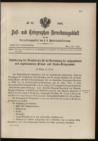 Post- und Telegraphen-Verordnungsblatt für das Verwaltungsgebiet des K.-K. Handelsministeriums 18840607 Seite: 1