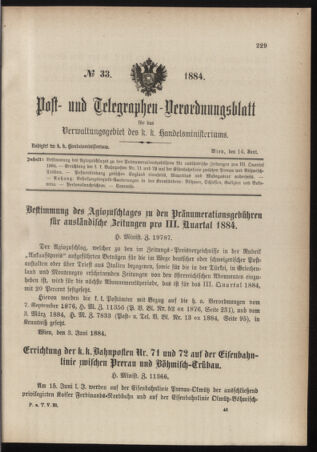 Post- und Telegraphen-Verordnungsblatt für das Verwaltungsgebiet des K.-K. Handelsministeriums 18840614 Seite: 1