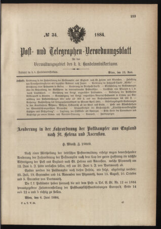 Post- und Telegraphen-Verordnungsblatt für das Verwaltungsgebiet des K.-K. Handelsministeriums 18840618 Seite: 1