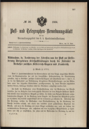 Post- und Telegraphen-Verordnungsblatt für das Verwaltungsgebiet des K.-K. Handelsministeriums 18840624 Seite: 1