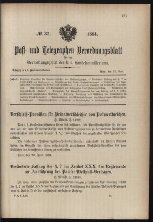 Post- und Telegraphen-Verordnungsblatt für das Verwaltungsgebiet des K.-K. Handelsministeriums 18840630 Seite: 1