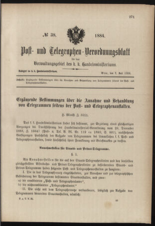 Post- und Telegraphen-Verordnungsblatt für das Verwaltungsgebiet des K.-K. Handelsministeriums 18840702 Seite: 1