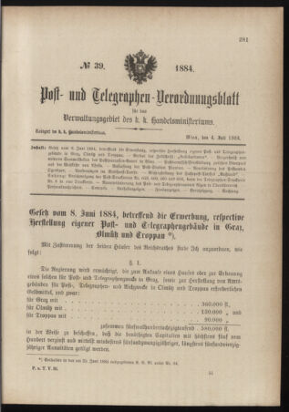 Post- und Telegraphen-Verordnungsblatt für das Verwaltungsgebiet des K.-K. Handelsministeriums 18840704 Seite: 1