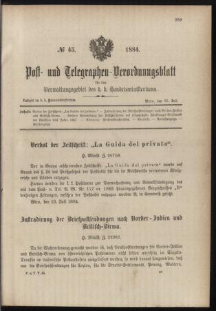 Post- und Telegraphen-Verordnungsblatt für das Verwaltungsgebiet des K.-K. Handelsministeriums 18840725 Seite: 1