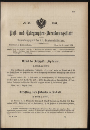 Post- und Telegraphen-Verordnungsblatt für das Verwaltungsgebiet des K.-K. Handelsministeriums 18840803 Seite: 1