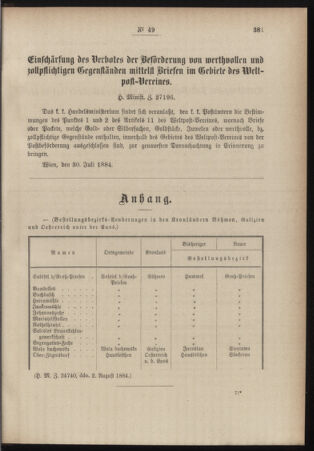 Post- und Telegraphen-Verordnungsblatt für das Verwaltungsgebiet des K.-K. Handelsministeriums 18840808 Seite: 3