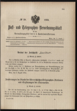 Post- und Telegraphen-Verordnungsblatt für das Verwaltungsgebiet des K.-K. Handelsministeriums 18840811 Seite: 1