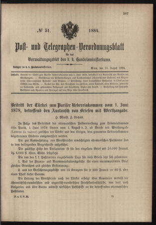 Post- und Telegraphen-Verordnungsblatt für das Verwaltungsgebiet des K.-K. Handelsministeriums 18840813 Seite: 1