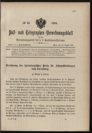 Post- und Telegraphen-Verordnungsblatt für das Verwaltungsgebiet des K.-K. Handelsministeriums 18840818 Seite: 1