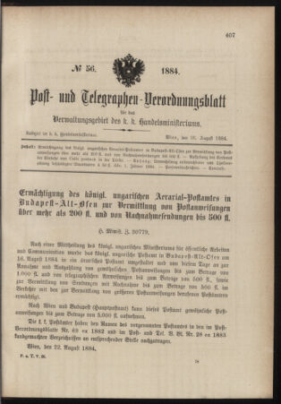 Post- und Telegraphen-Verordnungsblatt für das Verwaltungsgebiet des K.-K. Handelsministeriums 18840826 Seite: 1