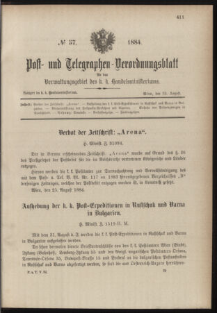 Post- und Telegraphen-Verordnungsblatt für das Verwaltungsgebiet des K.-K. Handelsministeriums 18840828 Seite: 1