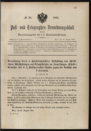 Post- und Telegraphen-Verordnungsblatt für das Verwaltungsgebiet des K.-K. Handelsministeriums 18840830 Seite: 1