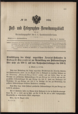 Post- und Telegraphen-Verordnungsblatt für das Verwaltungsgebiet des K.-K. Handelsministeriums 18840902 Seite: 1