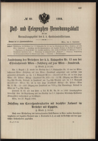 Post- und Telegraphen-Verordnungsblatt für das Verwaltungsgebiet des K.-K. Handelsministeriums 18840904 Seite: 1