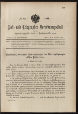 Post- und Telegraphen-Verordnungsblatt für das Verwaltungsgebiet des K.-K. Handelsministeriums 18840906 Seite: 1