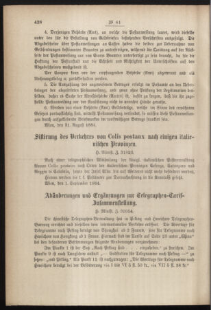 Post- und Telegraphen-Verordnungsblatt für das Verwaltungsgebiet des K.-K. Handelsministeriums 18840906 Seite: 2